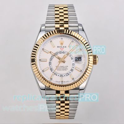 ES Factory Super Replica Rolex Sky-Dweller World Timer Yellow Gold Two-Tone Jubilee Watch 